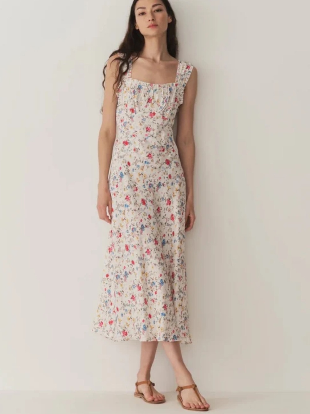 DOEN Ascella Blanc White Flowering Floral Meadow Square Neck Tie Midi Dress